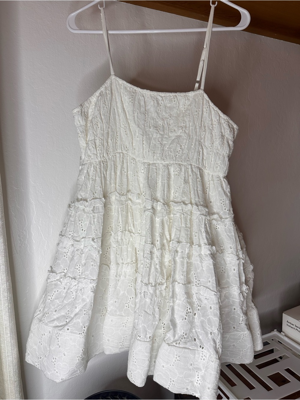 White Eyelet Tiered Mini Dress with Spaghetti Straps